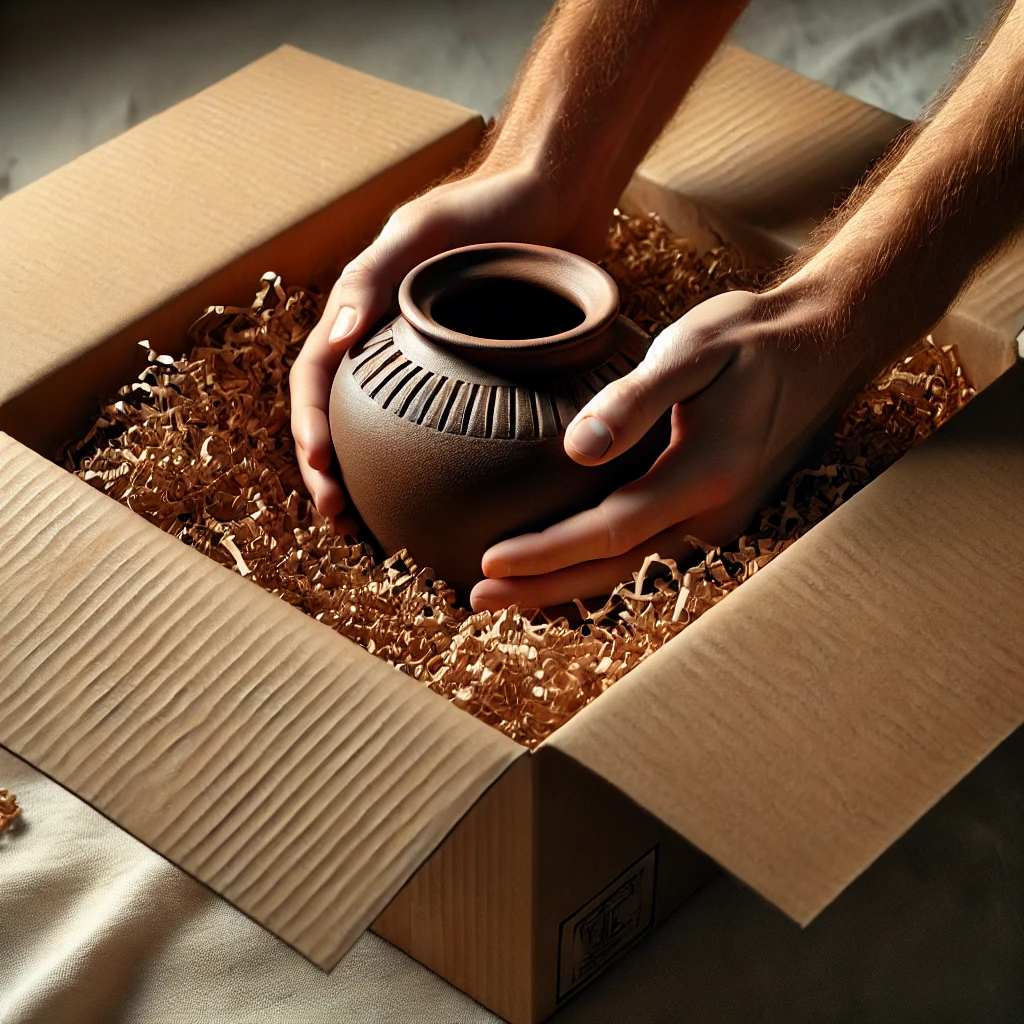 DALL·E 2024-10-19 21.58.42 - A cinematic, realistic image of a brown clay pot being carefully packed into eco-friendly packaging. The pot is cushioned by biodegradable materials,