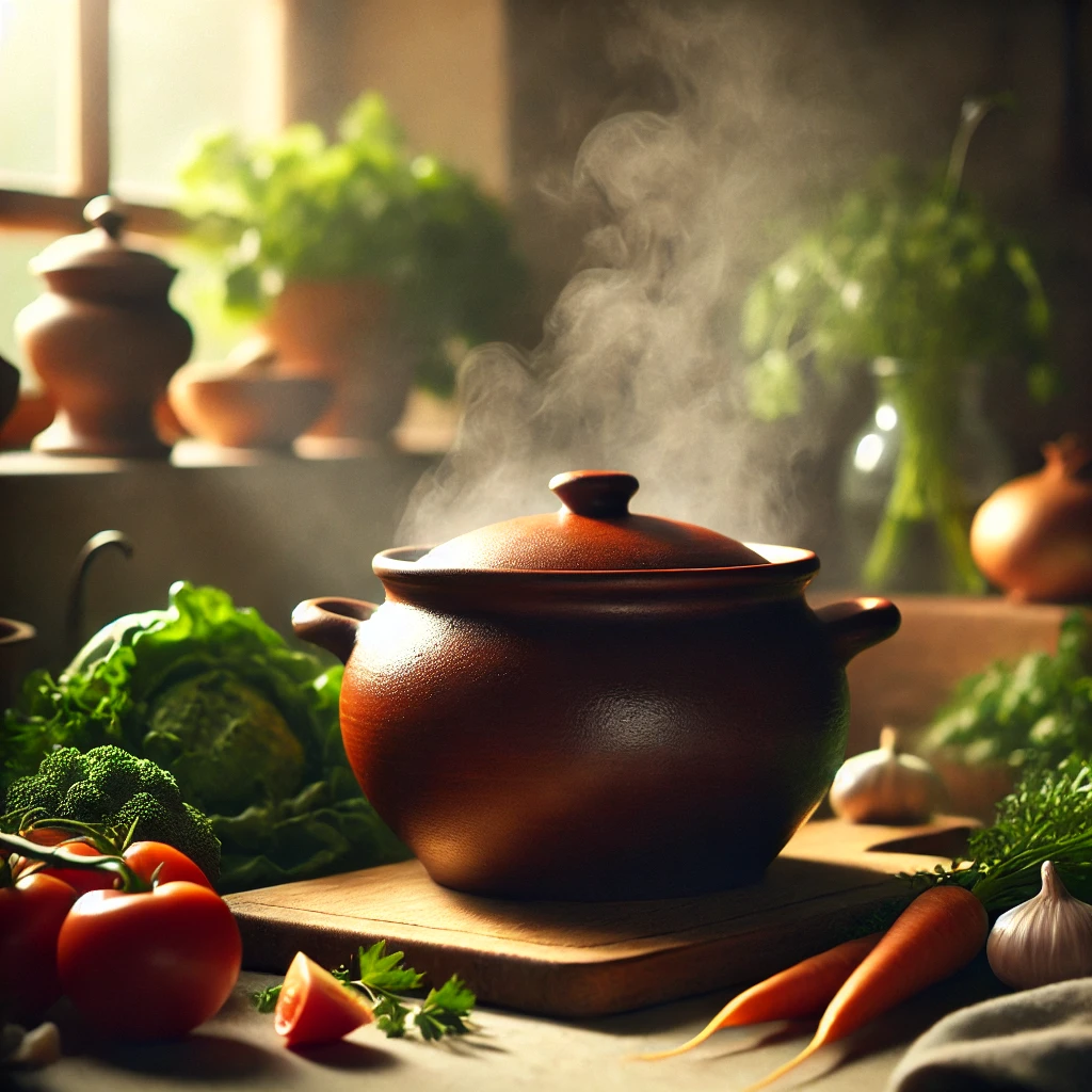 DALL·E 2024-10-19 21.59.42 - A cinematic, realistic shot of a brown clay pot on a kitchen counter, surrounded by fresh vegetables and herbs. Soft, natural lighting highlights the